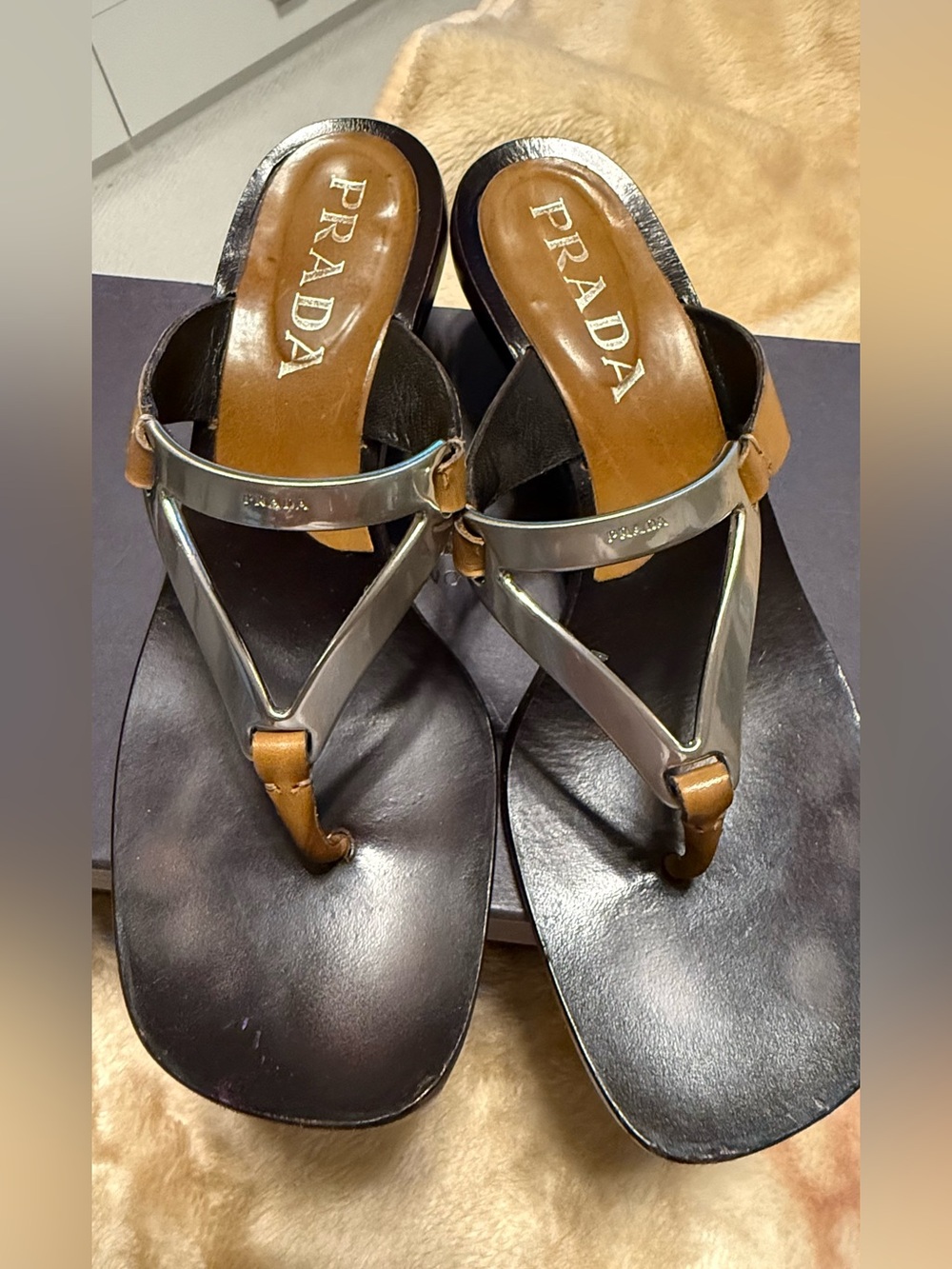 Prada Black Leather Thong Sandals with Tan Straps and Silver Hardware